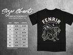 Size chart for Comfort Colors 1717 heavyweight adult tee with Fenrir graphic.