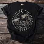 Black t-shirt with circular Nordic knotwork design of a horse and wolf under a moon.