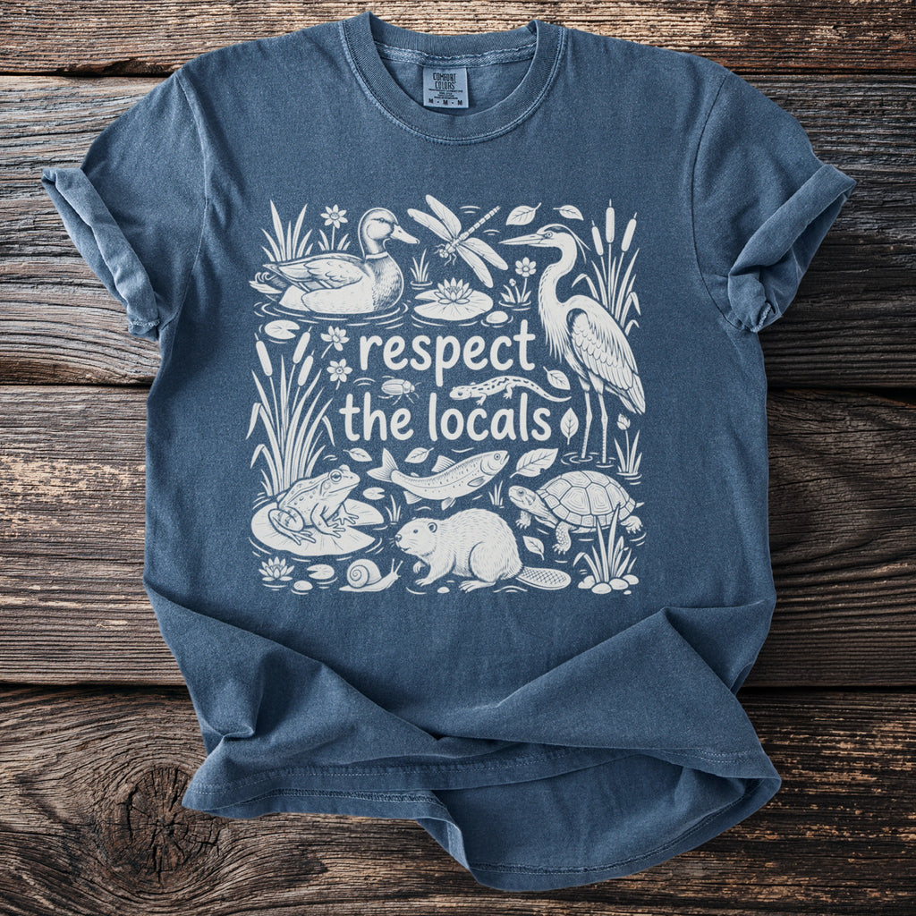 Blue t-shirt with "respect the locals" and woodland creatures in white.