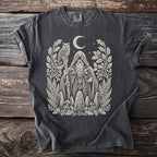 Dark grey t-shirt with occult wizard, owl, and woodland elements design.