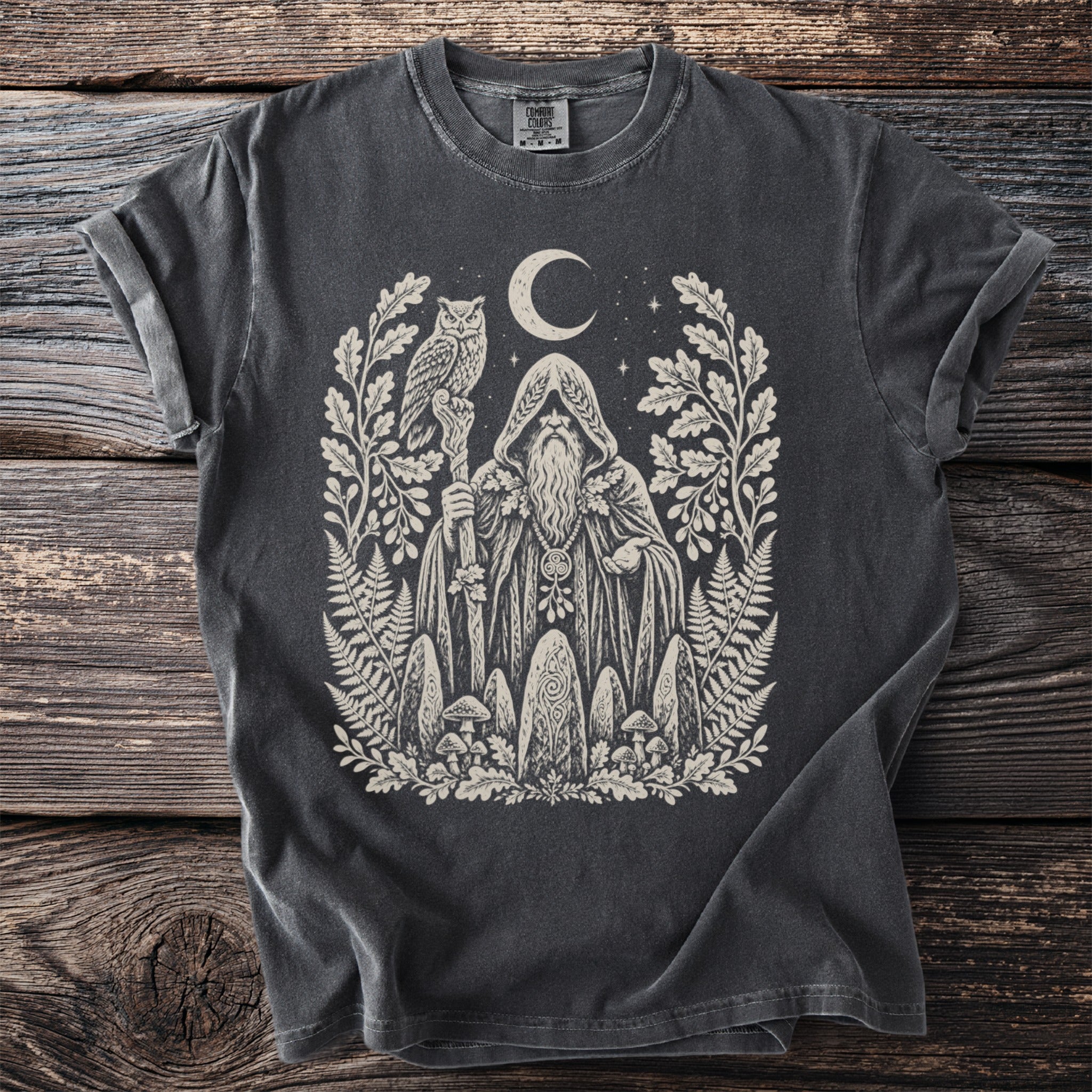 Dark grey t-shirt with occult wizard, owl, and woodland elements design.