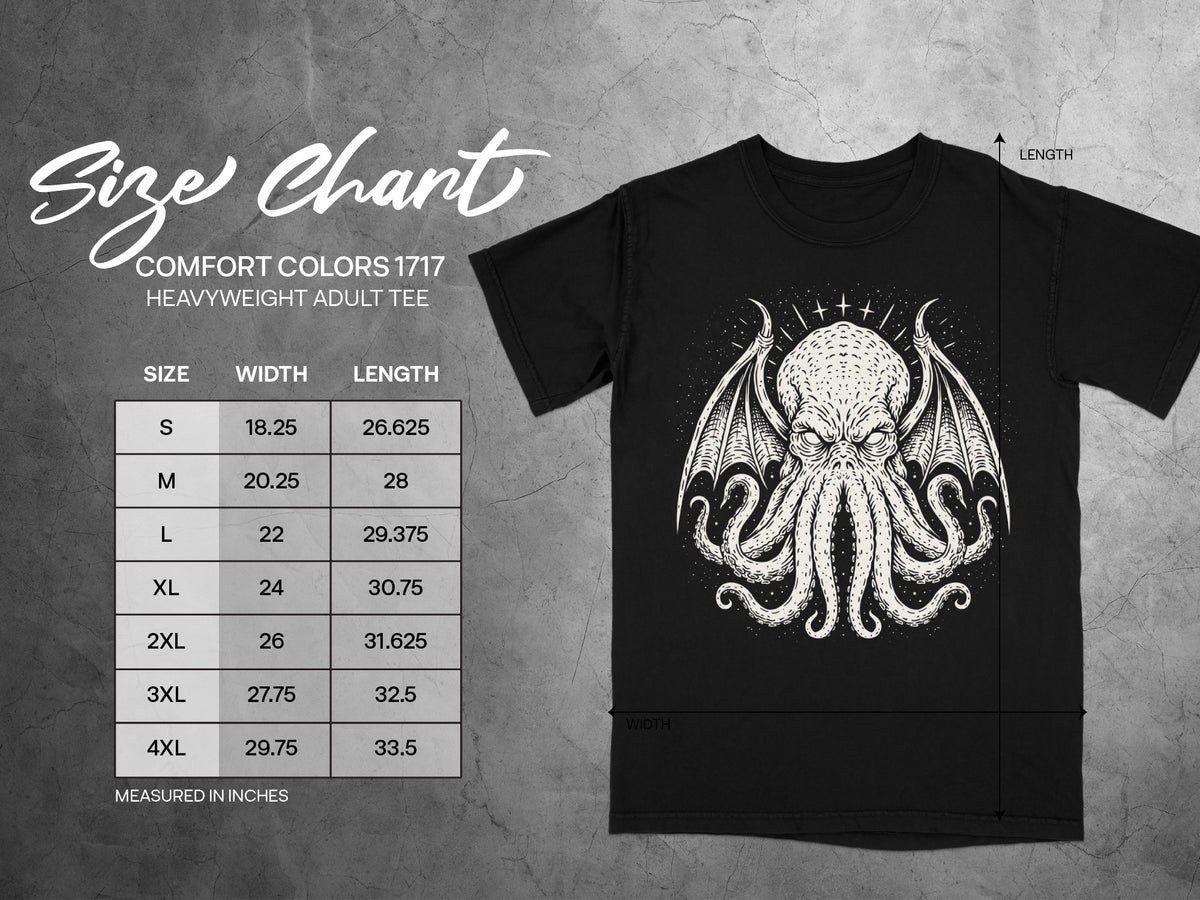 Comfort Colors 1717 heavyweight adult tee size chart with measurements in inches.