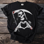 Grim reaper skeleton with bloody scythe forms heart shape with hands.