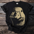 Black t-shirt with front graphic of a duck holding a pencil in its beak.
