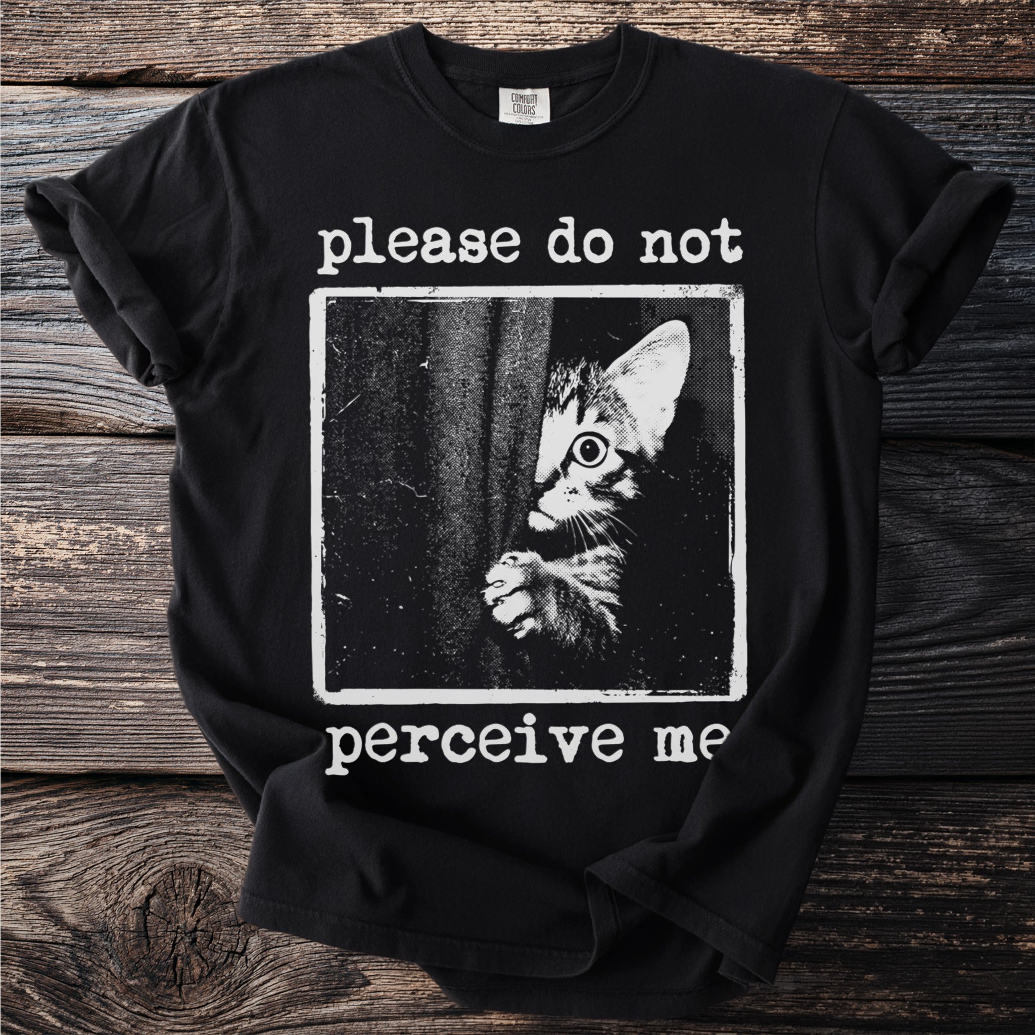 Black t-shirt with a distressed print of a cat peaking from behind a curtain, reading "please do not perceive me".