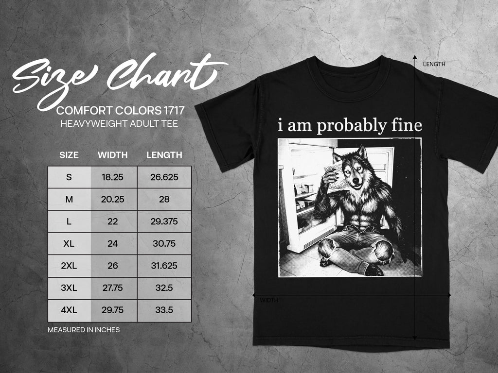 Black t-shirt with werewolf graphic and "i am probably fine" text, with size chart.