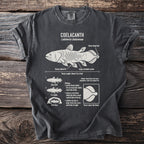T-shirt with diagram of coelacanth, its features, biology, and habitat.