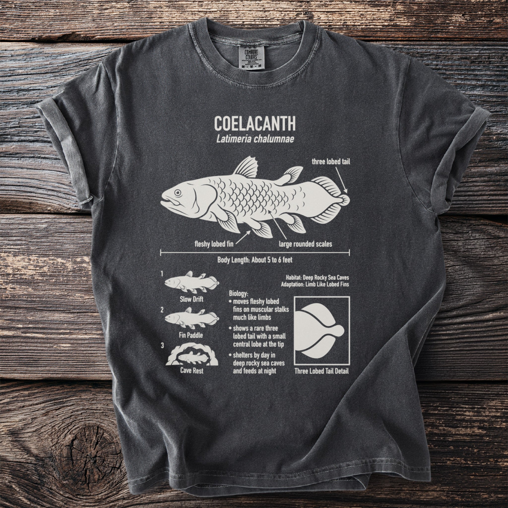 T-shirt with diagram of coelacanth, its features, biology, and habitat.