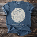 Blue t-shirt with "The Wheel of the Year" design and Almanac Plate XXXII text.