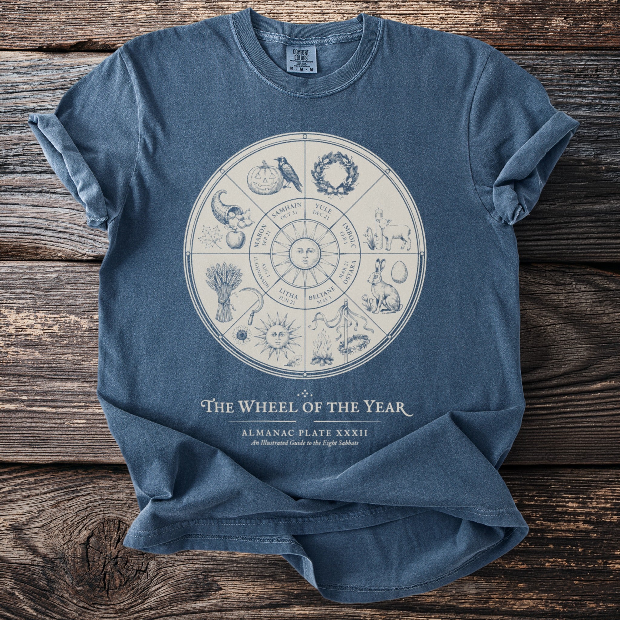 Blue t-shirt with "The Wheel of the Year" design and Almanac Plate XXXII text.