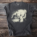 Dark gray t-shirt with a graveyard, haunted house, and robed figure graphic.