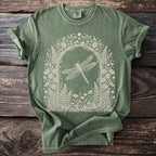 Green t-shirt with cream dragonfly and floral woodland design