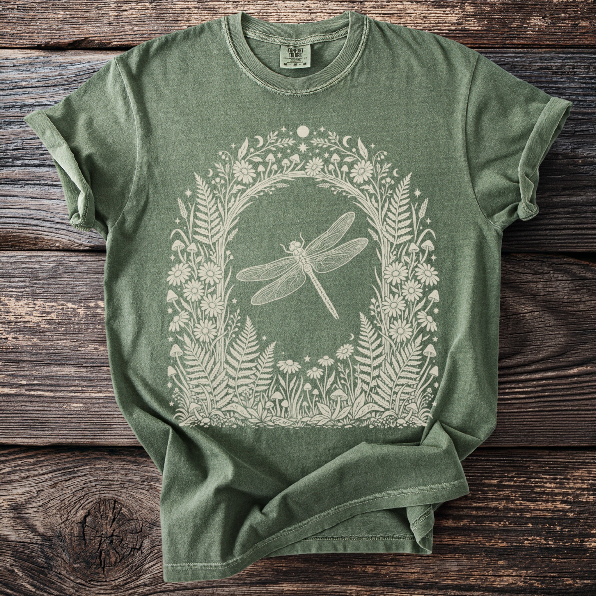 Green t-shirt with cream dragonfly and floral woodland design