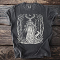 Dark grey t-shirt with white print of a woman with antlers in a forest with a deer.