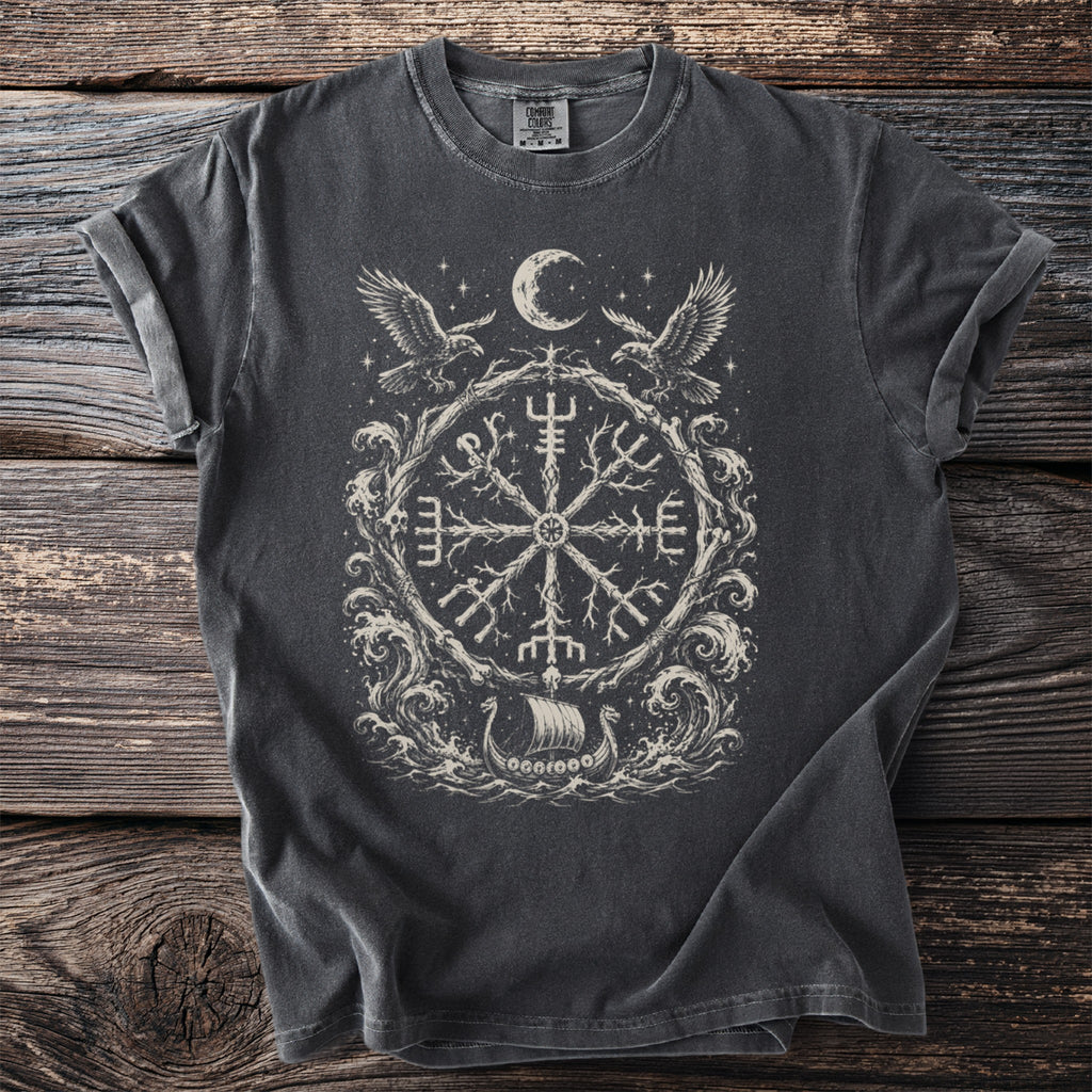 Dark t-shirt with a white circular Norse design featuring eagles, moon, and viking ship.