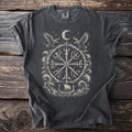 Dark t-shirt with a white circular Norse design featuring eagles, moon, and viking ship.