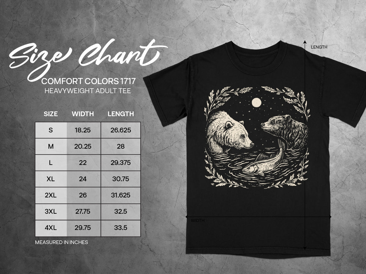 Size chart for Comfort Colors 1717 heavyweight adult tee with bears and fish graphic.