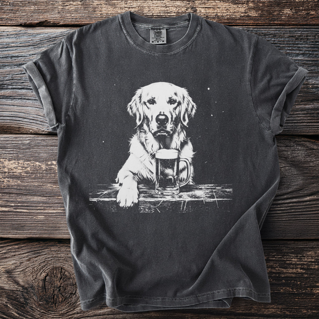 Dark t-shirt with white graphic of golden retriever dog with a beer mug.