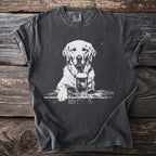 Dark t-shirt with white graphic of golden retriever dog with a beer mug.