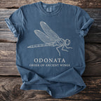 Blue t-shirt with a white line drawing of a dragonfly and text "ODONATA ORDER OF ANCIENT WINGS".