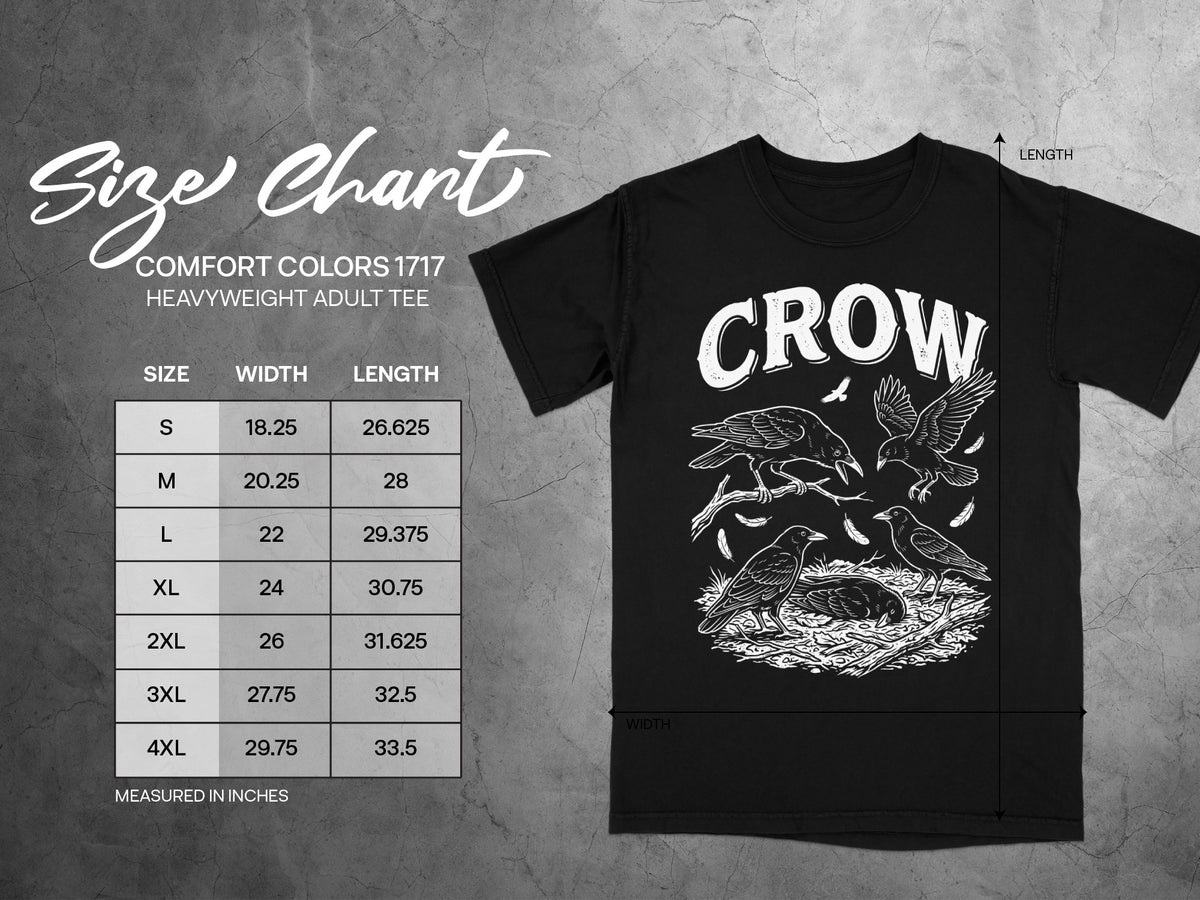 Comfort Colors 1717 heavyweight adult tee size chart with crow graphic.