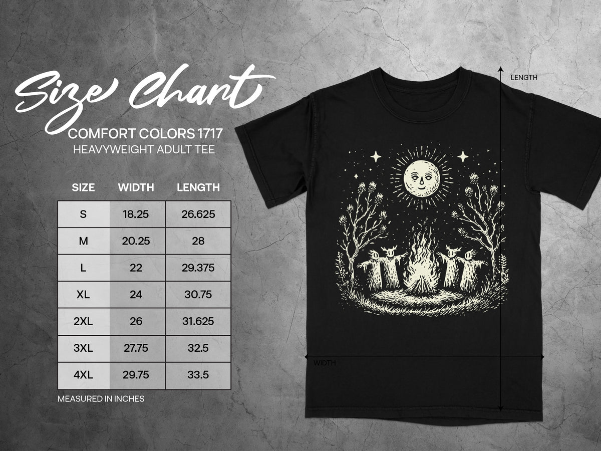 Comfort Colors 1717 heavyweight adult tee size chart with width and length measurements in inches.