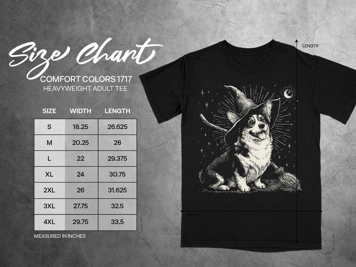 Size chart for Comfort Colors 1717 heavyweight adult tee, with corgi graphic.