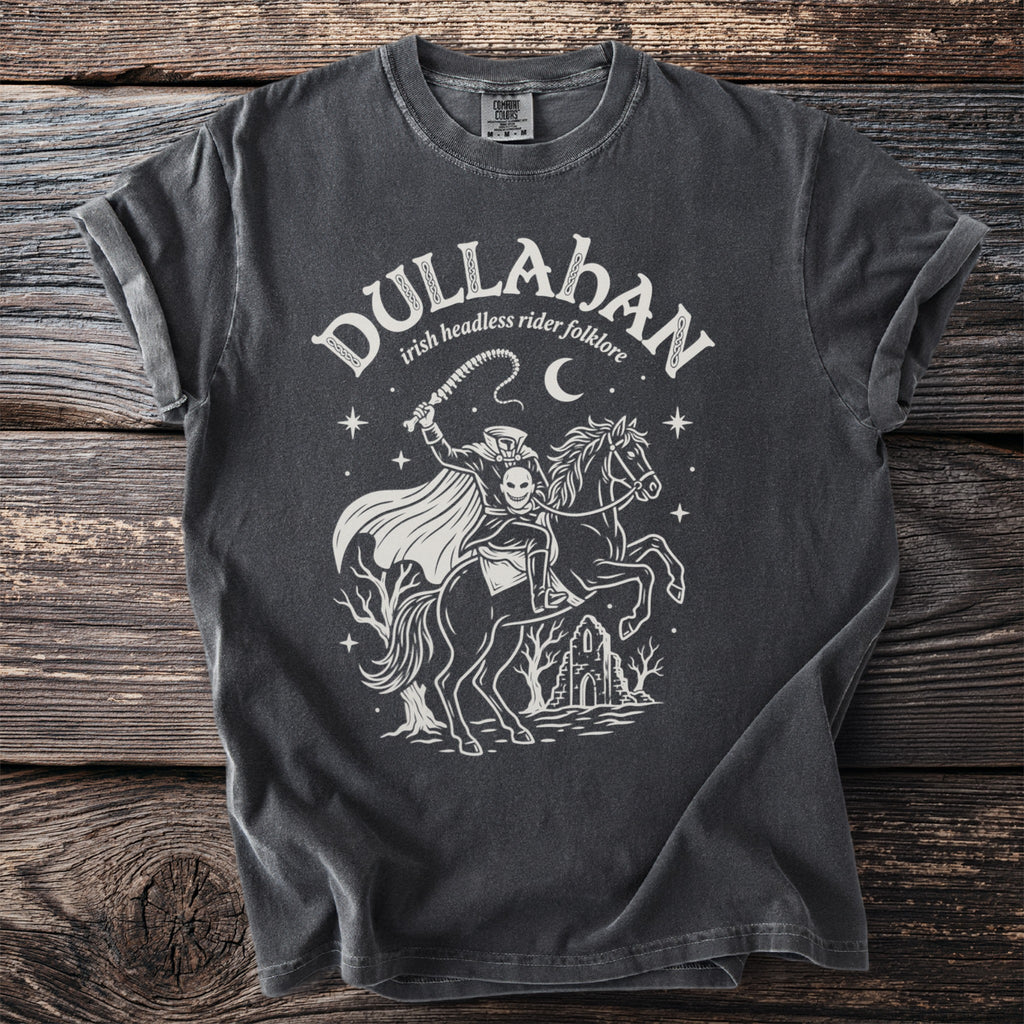 Grey t-shirt with "Dullahan irish headless rider folklore" text and spooky rider graphic.