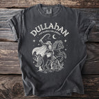 Grey t-shirt with "Dullahan irish headless rider folklore" text and spooky rider graphic.