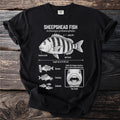Black t-shirt featuring a detailed illustration of a Sheepshead Fish with anatomical labels.