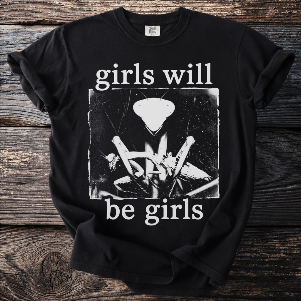 Black t-shirt with white text and a graphic of praying mantises.