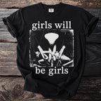 Black t-shirt with white text and a graphic of praying mantises.