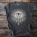 Dark gray t-shirt with a white dripping eye design and sunburst detail.