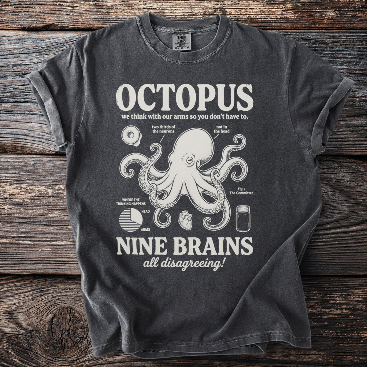 Dark gray t-shirt with "OCTOPUS NINE BRAINS all disagreeing!" graphic.