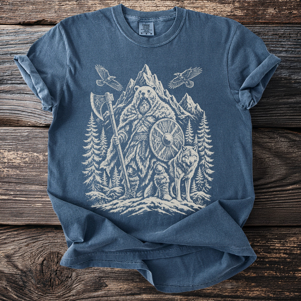 Blue t-shirt featuring a Viking bear with ax, shield, wolf, and eagles.