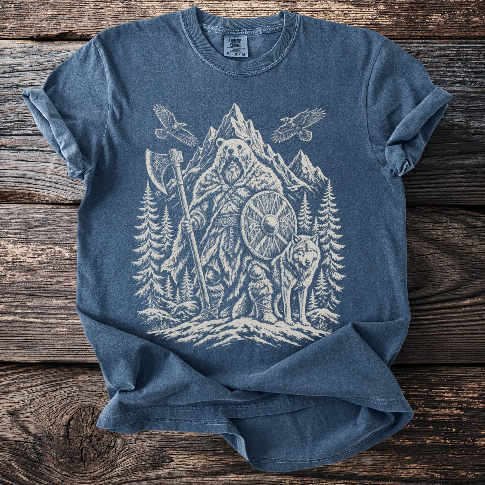 Blue t-shirt featuring a Viking bear with ax, shield, wolf, and eagles.