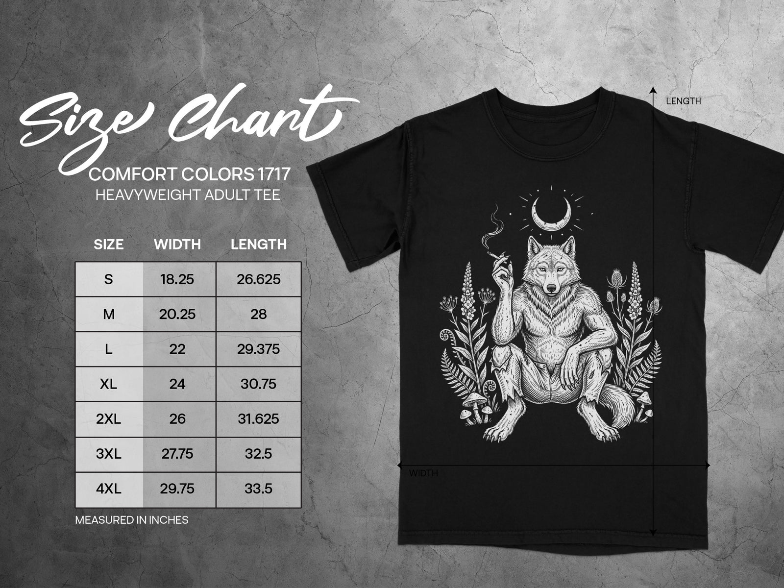 Size chart for Comfort Colors 1717 heavyweight adult tee with wolf graphic.