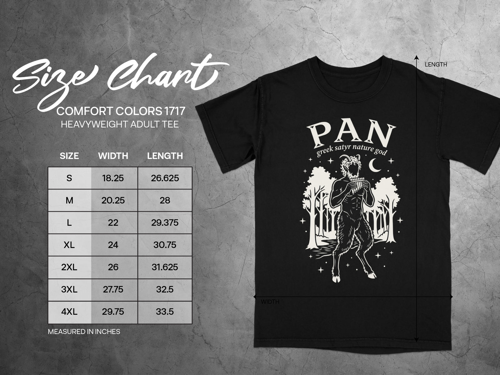 Comfort Colors 1717 heavyweight adult tee size chart with measurements for width and length.