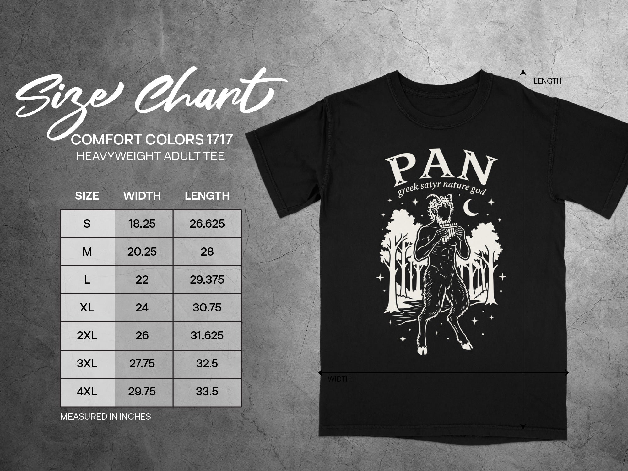 Comfort Colors 1717 heavyweight adult tee size chart with measurements for width and length.