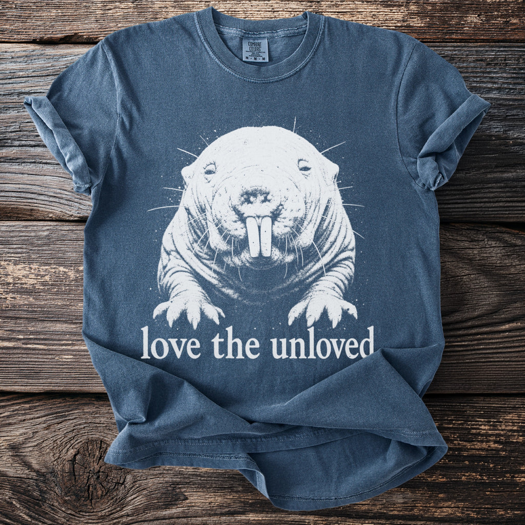 T-shirt with white drawing of a mole rat and text "love the unloved".