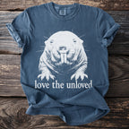T-shirt with white drawing of a mole rat and text "love the unloved".
