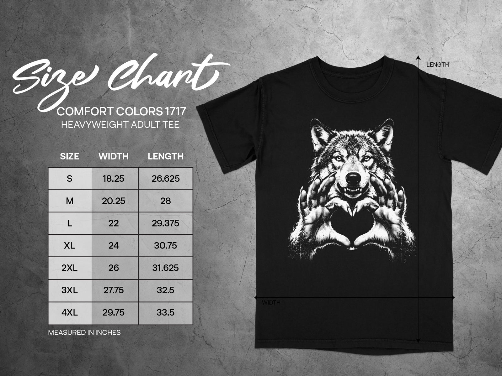 Size chart for Comfort Colors 1717 heavyweight adult tee with wolf graphic.