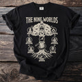 Black t-shirt with "The Nine Worlds" graphic depicting a tree and creatures representing different realms.