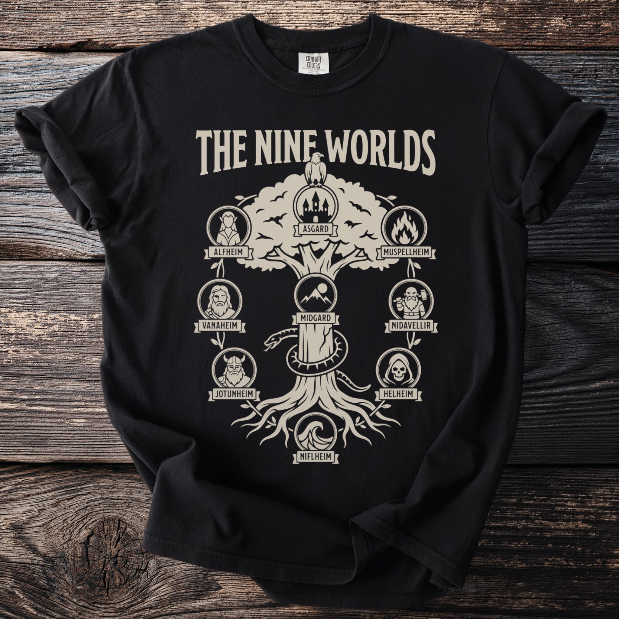 Black t-shirt with "The Nine Worlds" graphic depicting a tree and creatures representing different realms.