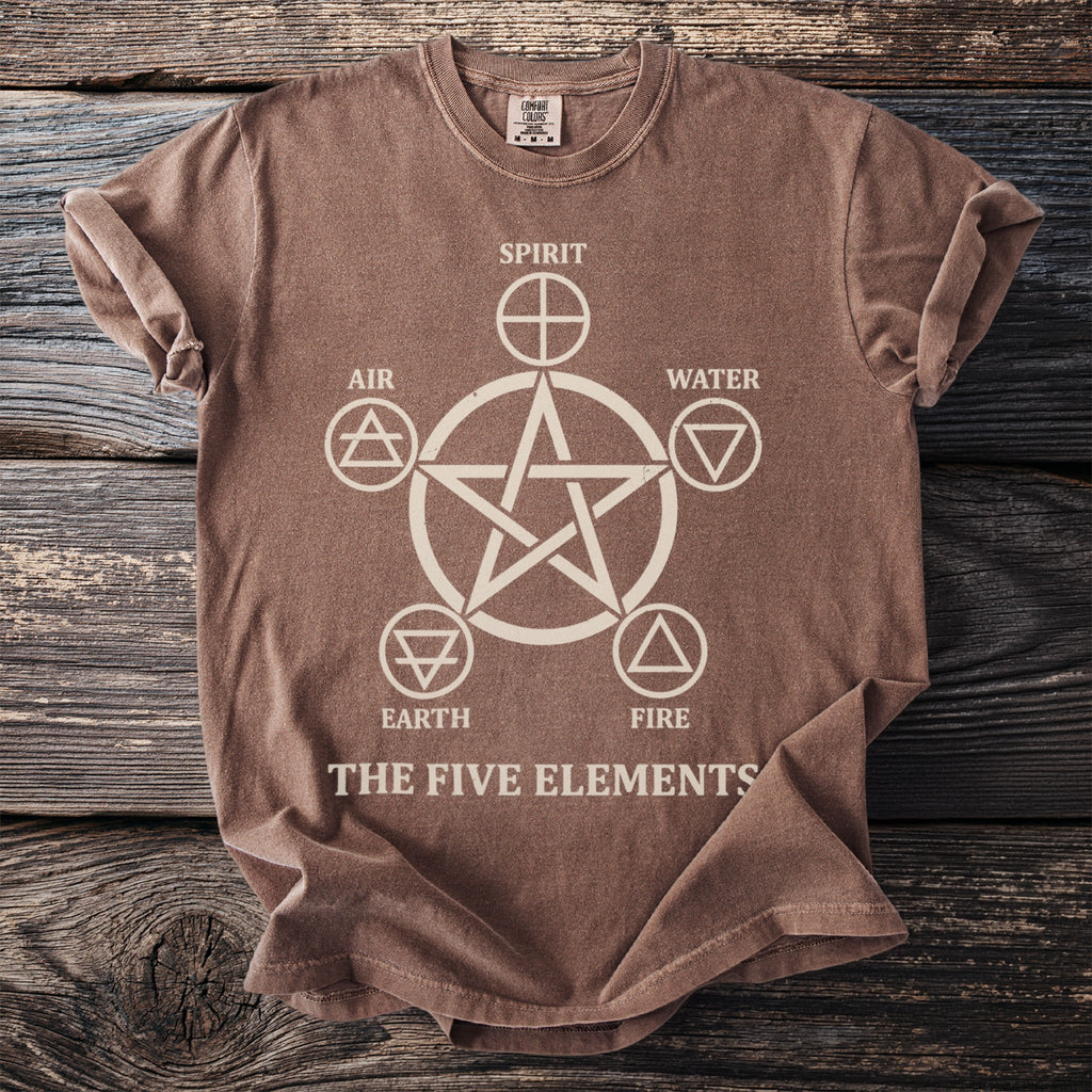 Brown t-shirt with a white graphic of the five elements: Spirit, Air, Water, Earth, and Fire.