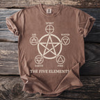 Brown t-shirt with a white graphic of the five elements: Spirit, Air, Water, Earth, and Fire.