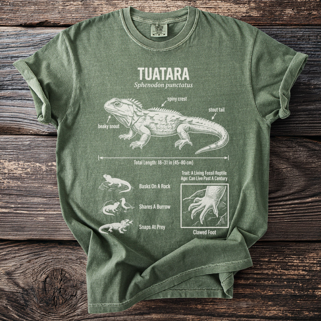 Tuatara diagram on a green t-shirt with anatomical labels and behavioral vignettes.