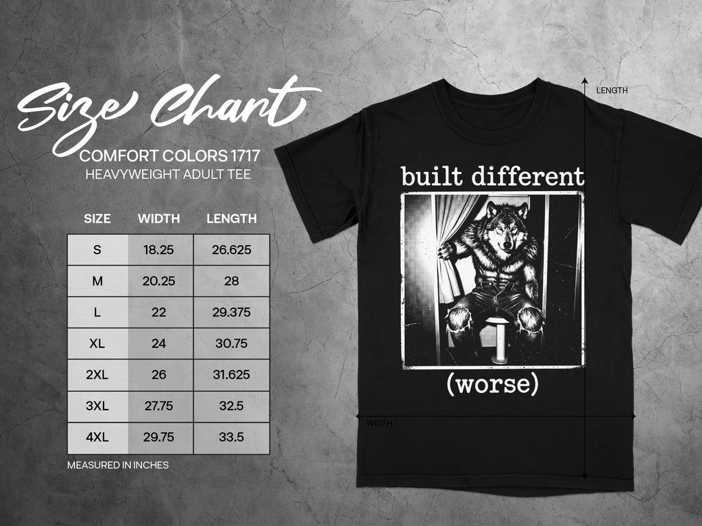 Comfort Colors 1717 heavyweight adult tee size chart with graphic of wolf.