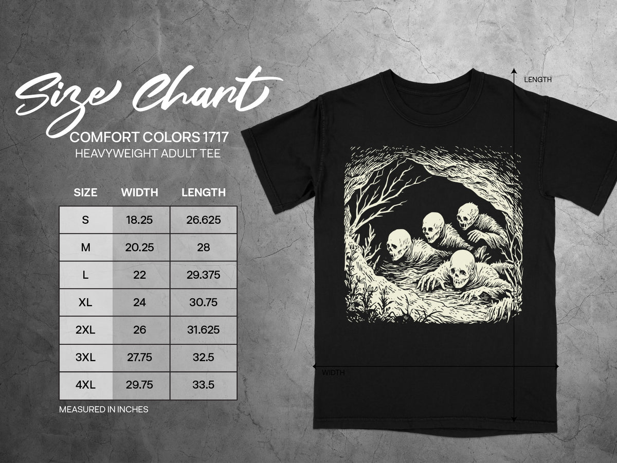 Comfort Colors 1717 heavyweight adult tee size chart with width and length measurements in inches.