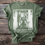 Green t-shirt with werewolf graphic and text "do not perceive me".
